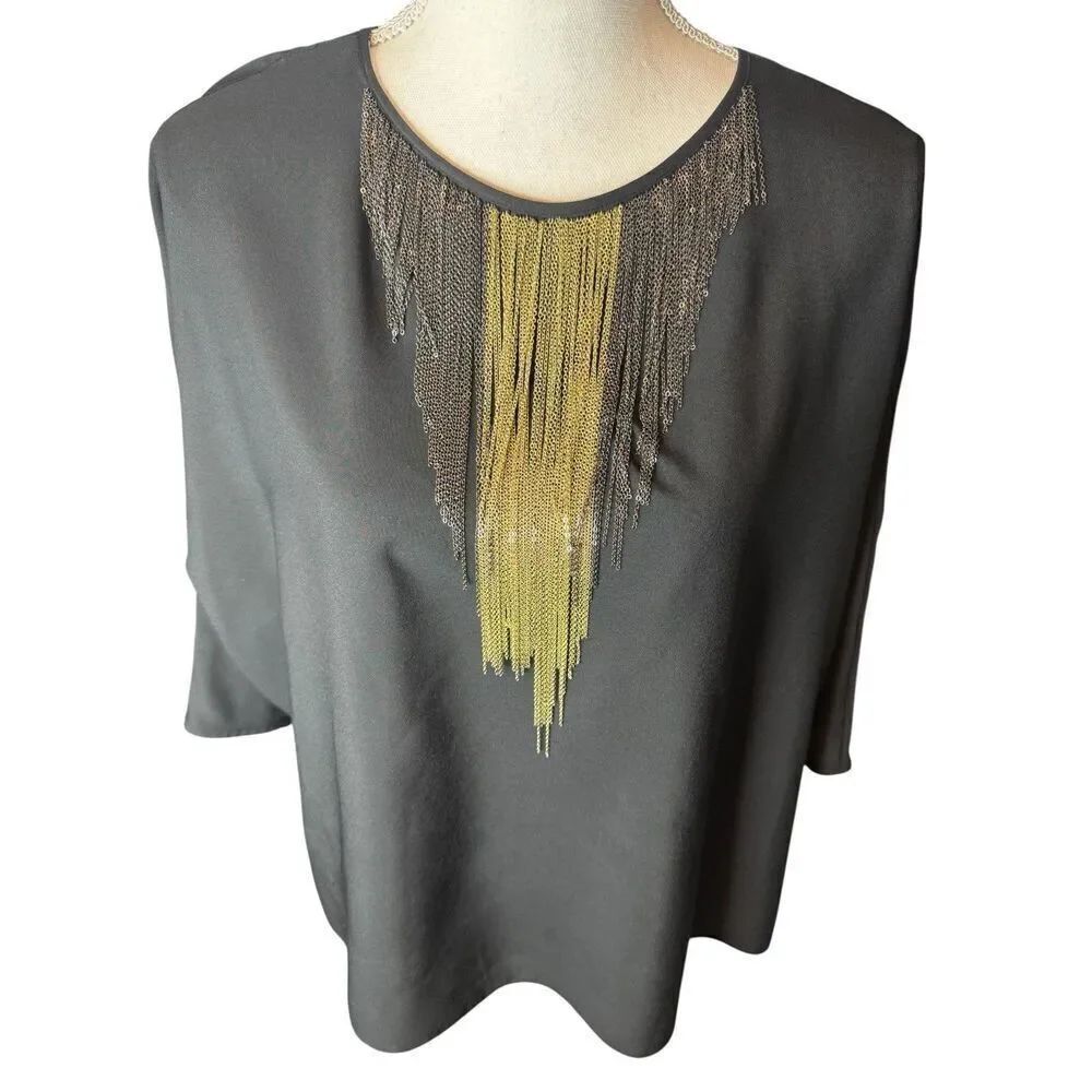 TED BAKER BLACK GILT CHAIN TRIM LONG SLEEVED BLOUSE Sz 2 Art To Wear